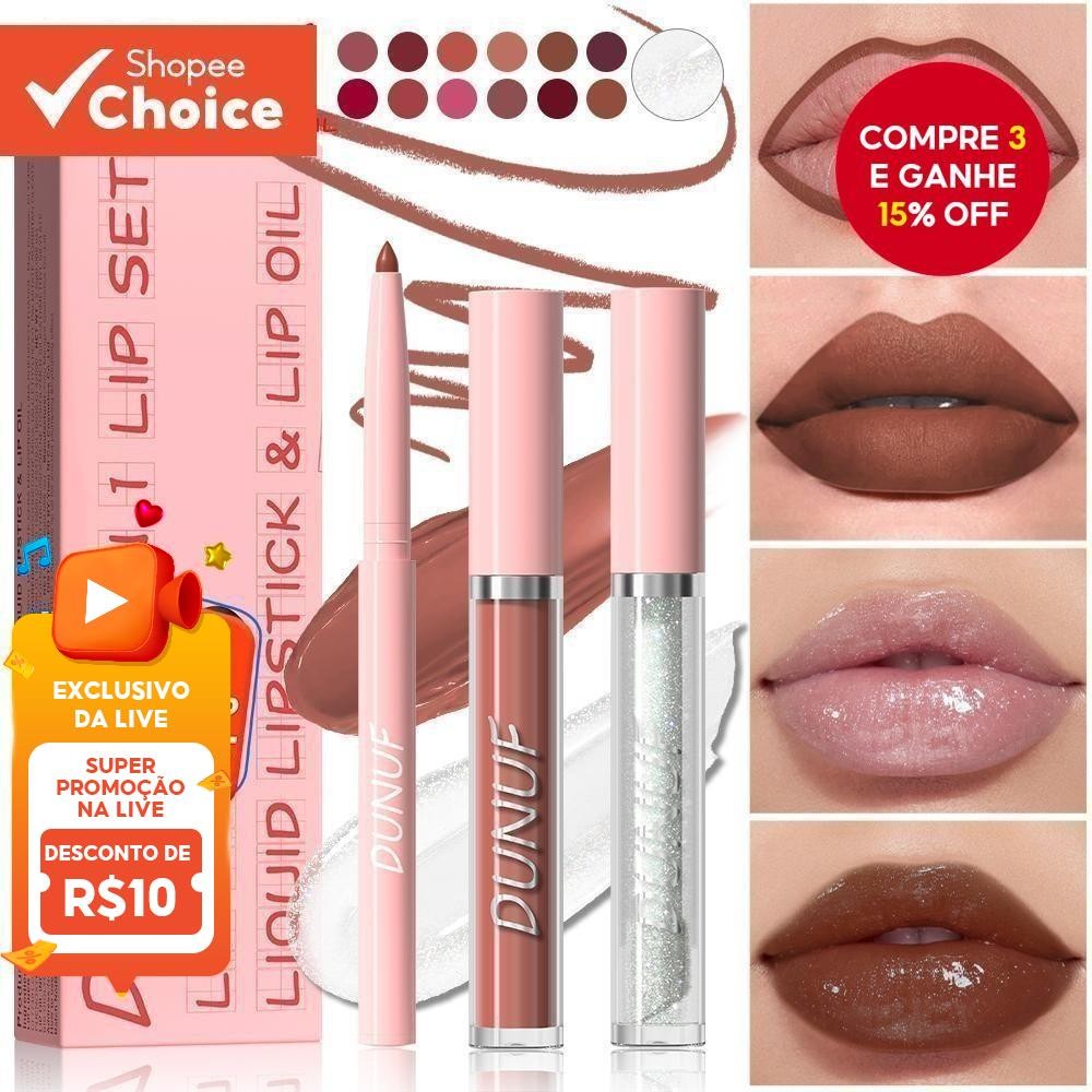 Conjunto De Lábios De Maquiagem Baratos Foscos DUNUF 3 Em 1 : Tons À Prova D