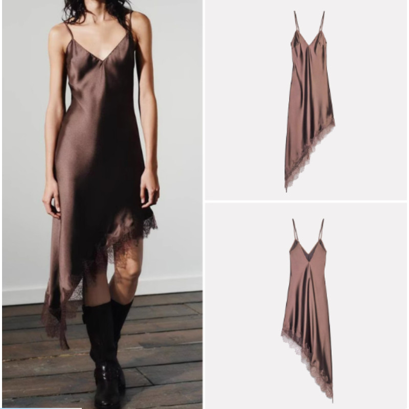 Novas mulheres estilo europeu americano moda renda detalhe vestido de textura de cetim de seda 8827332 em Oferta na Shopee