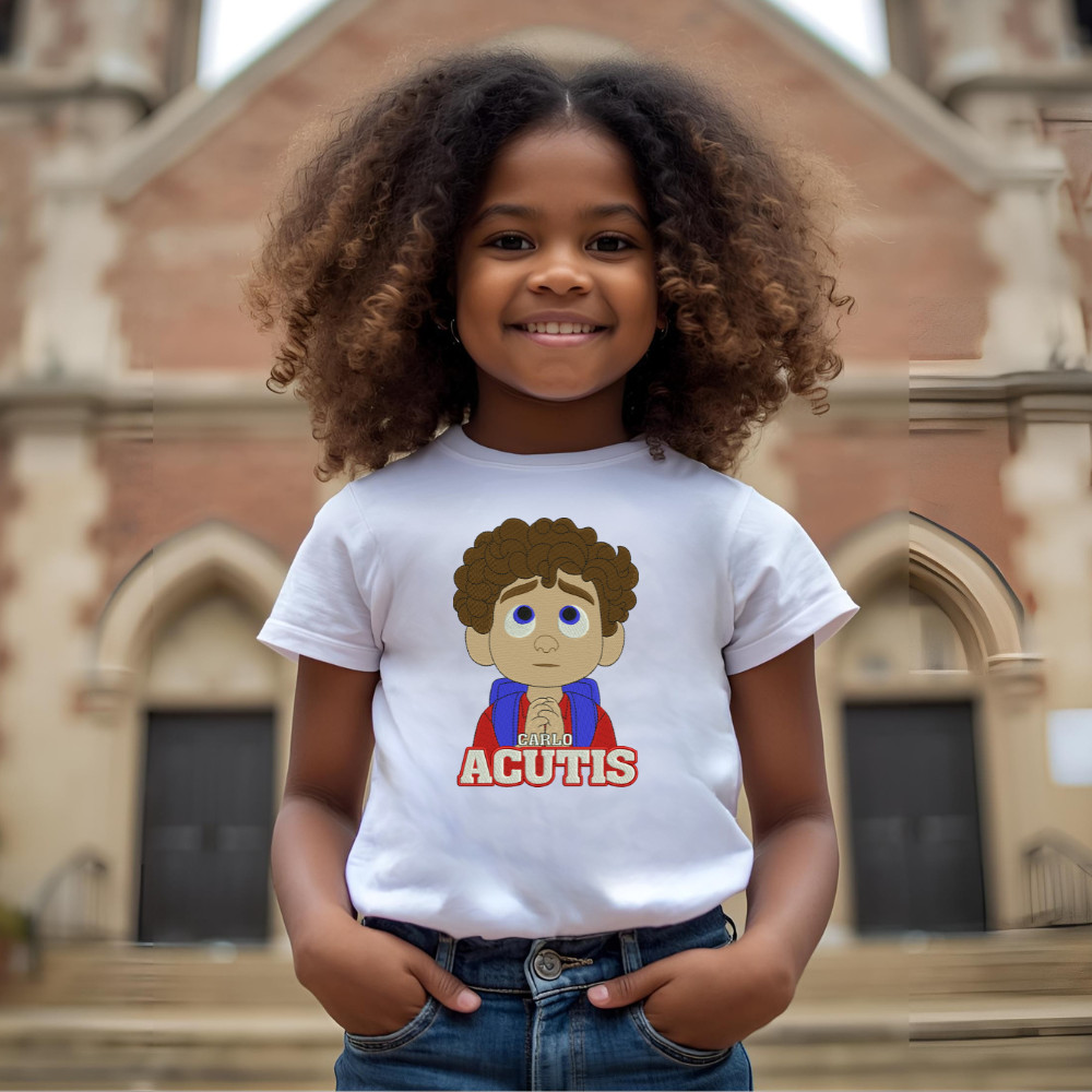Camisa Infantil Moda Cristã Kids Bordada Santo Carlo Acutis