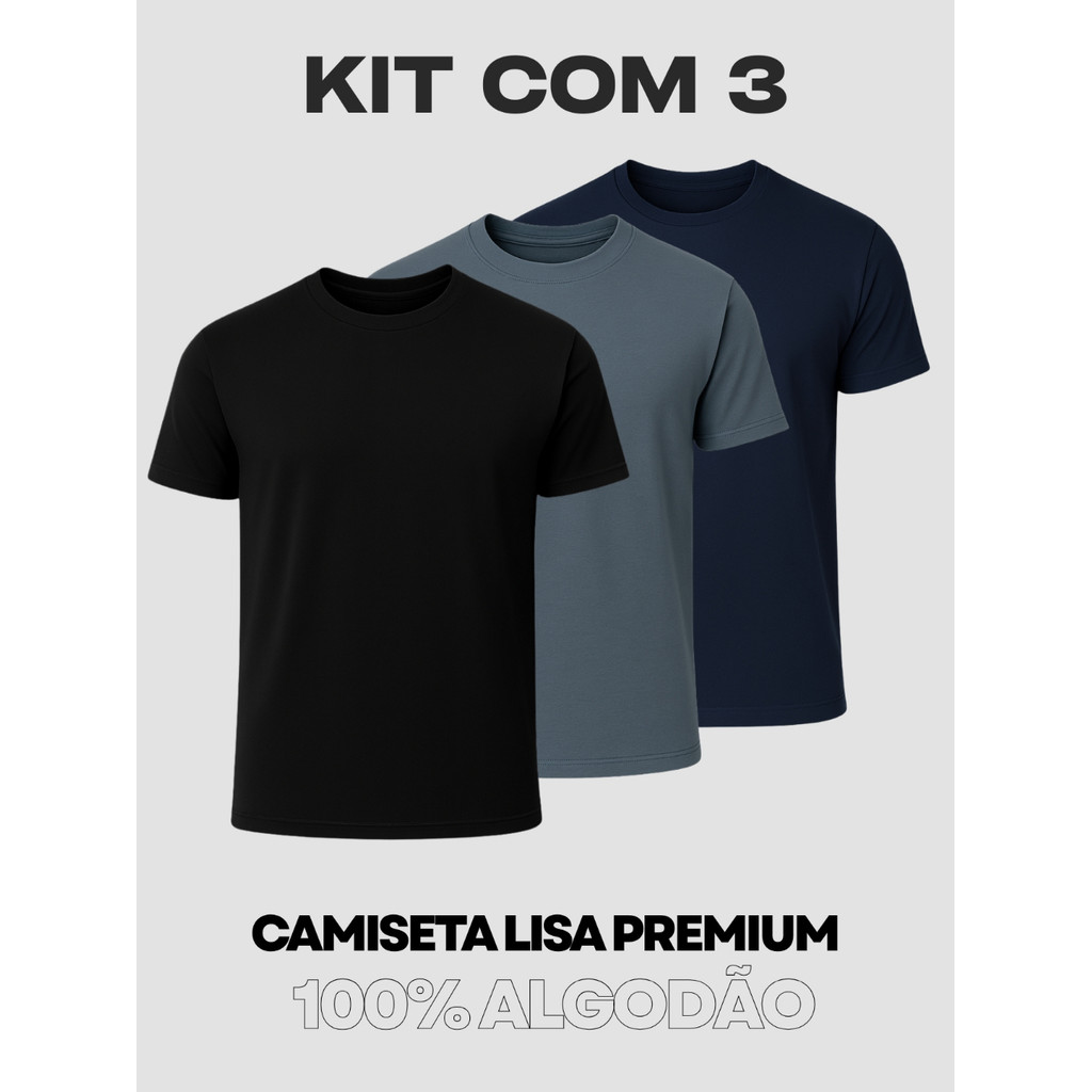 Kit 3 Camisetas 100% Algodão Masculina Básicas em Oferta na Shopee