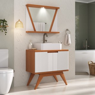 Conjunto para Banheiro Completo com Gabinete Madeira Maciça Cuba Sobrepor e Espelho com LED - Linha ÔNIX 80cm em Oferta na Shopee