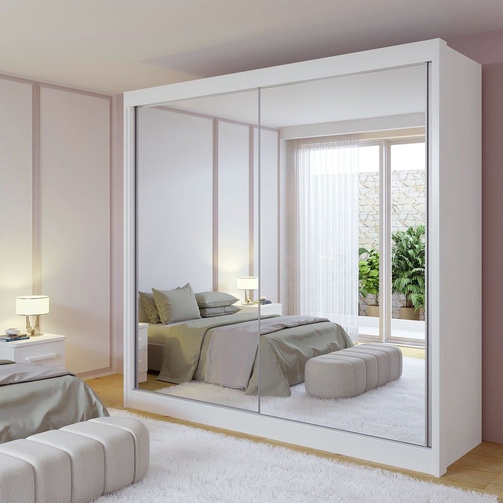 Guarda Roupa Casal MDF 2 Portas com Espelho 6 Gavetas California Branco