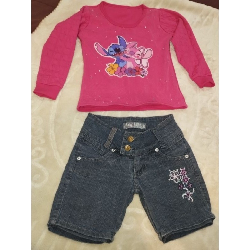 Conjunto menina,  Bermuda jeans infantil, blusa infantil manga longa rosa menina, veste 10.