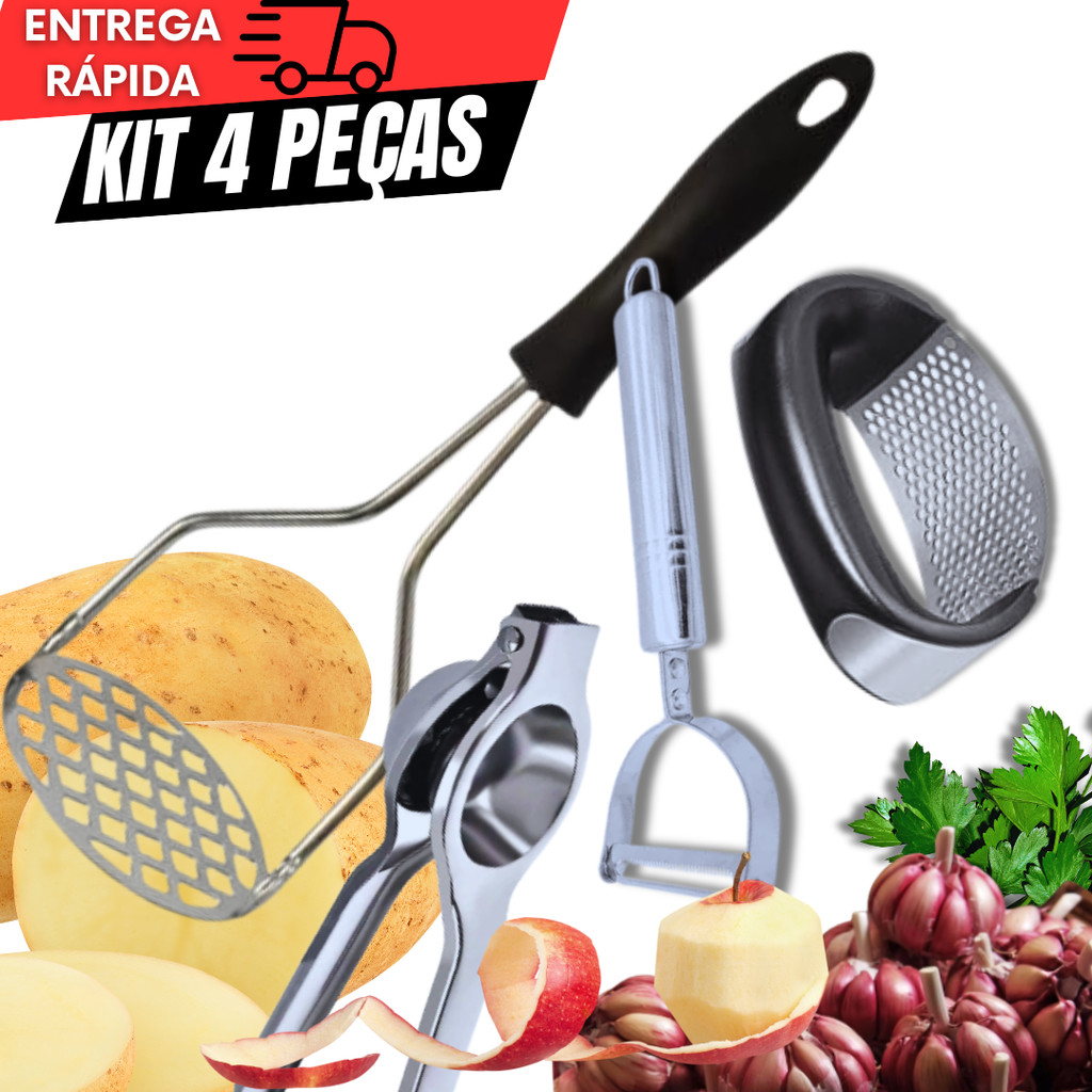 Jogo 4 Peças Amassador Batatas Espremedor Manual Descascador de Legumes Triturador  Multiuso Aço Inox  Cozinha Multiuso