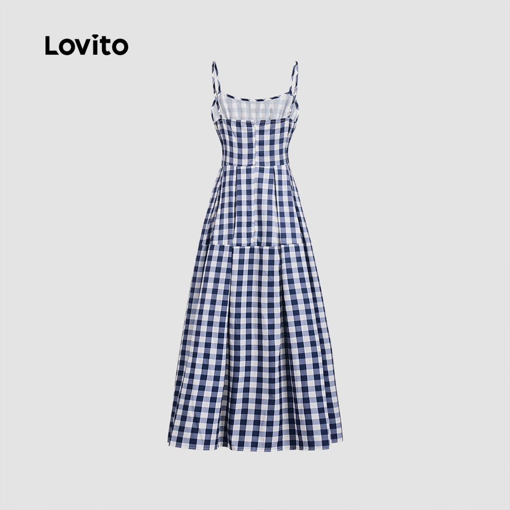 Detalhes do Lovito Vestido Xadrez Dividido Botão Frontal Padrão Primavera/Verão Multicolorido Para Mulheres L135A2D2443
