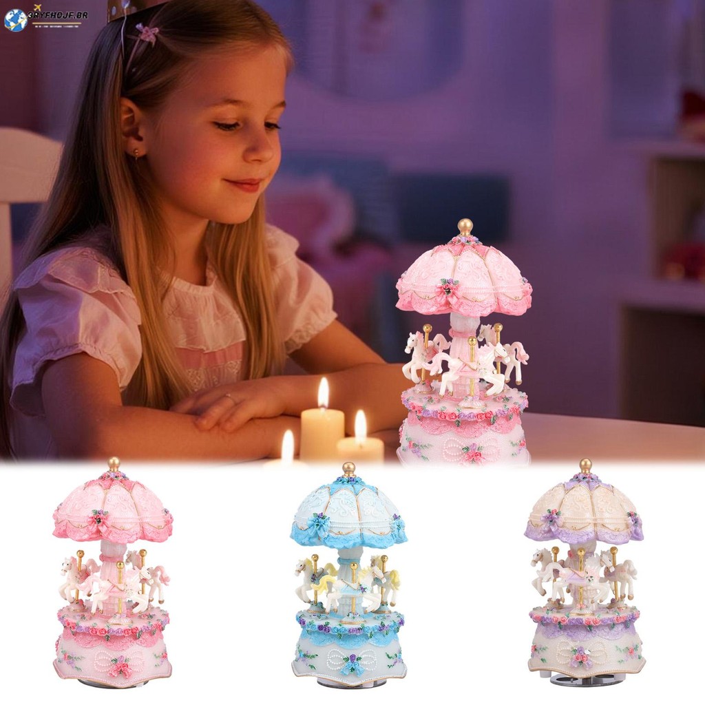 Carrossel Caixa De Música Luminosa Rotativa Cavalo Com 3 Cavalos Para Meninas Mulheres Crianças SHOPSKC5387