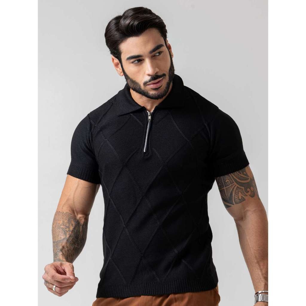 camiseta masculina de tricot com ziper gola polo manga curta padrão verão chique