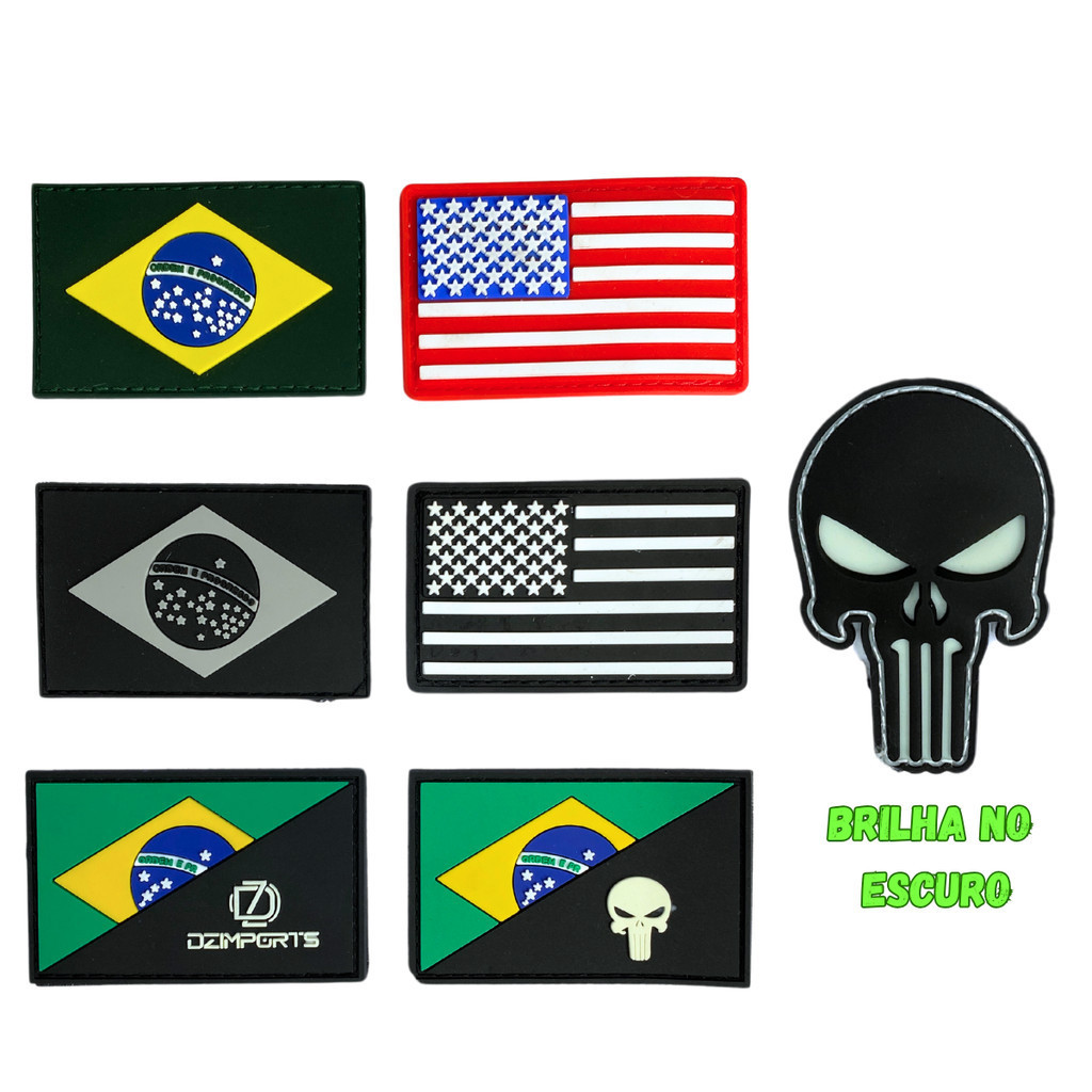 Patch Emborrachado 3D Velcro Bandeira Brasil USA Caveira Militar Tático Mochila