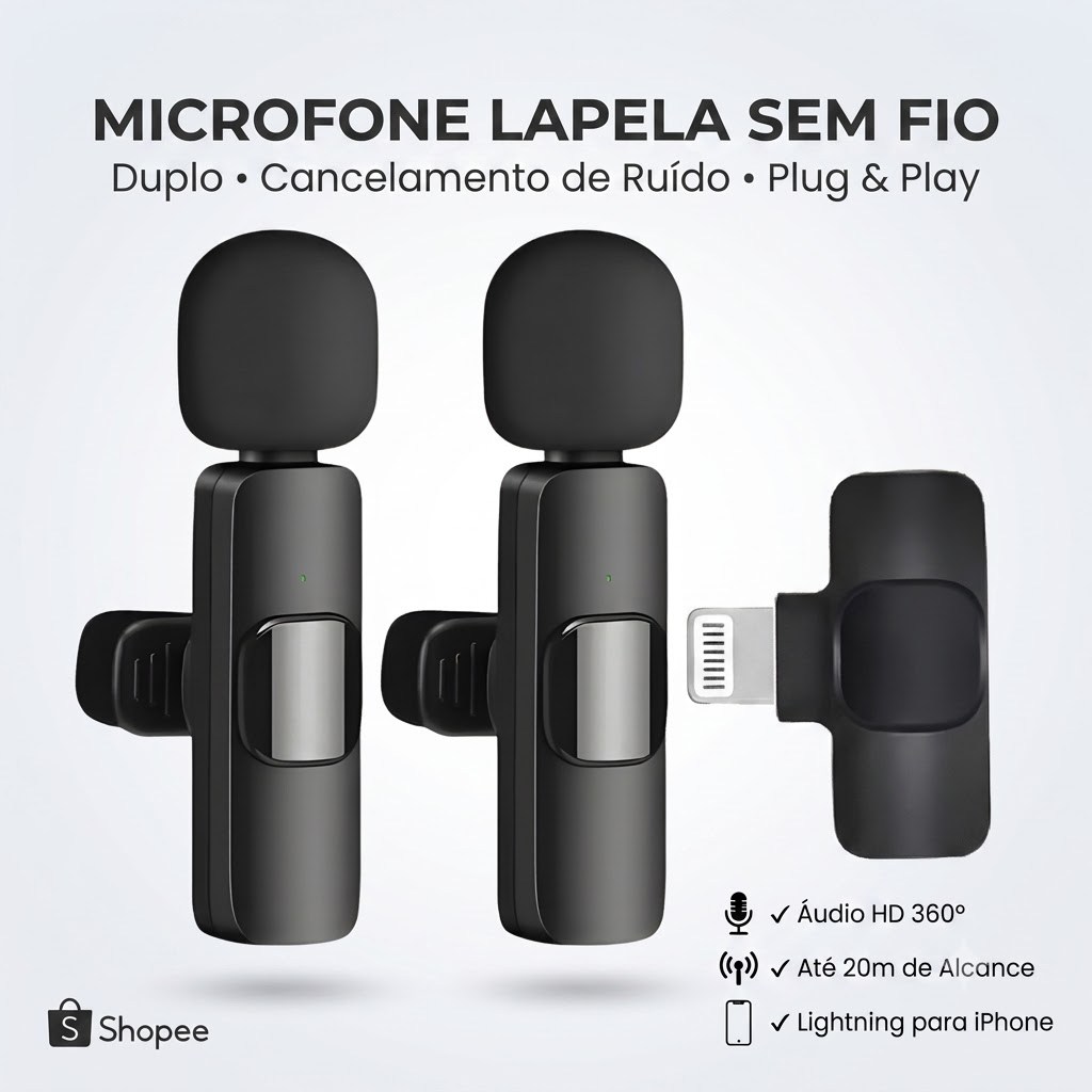 Kit 2 Microfones de Lapela Sem Fio Tipo-C IOS Duplo Cancelamento de Ruído para Live Podcast Celular