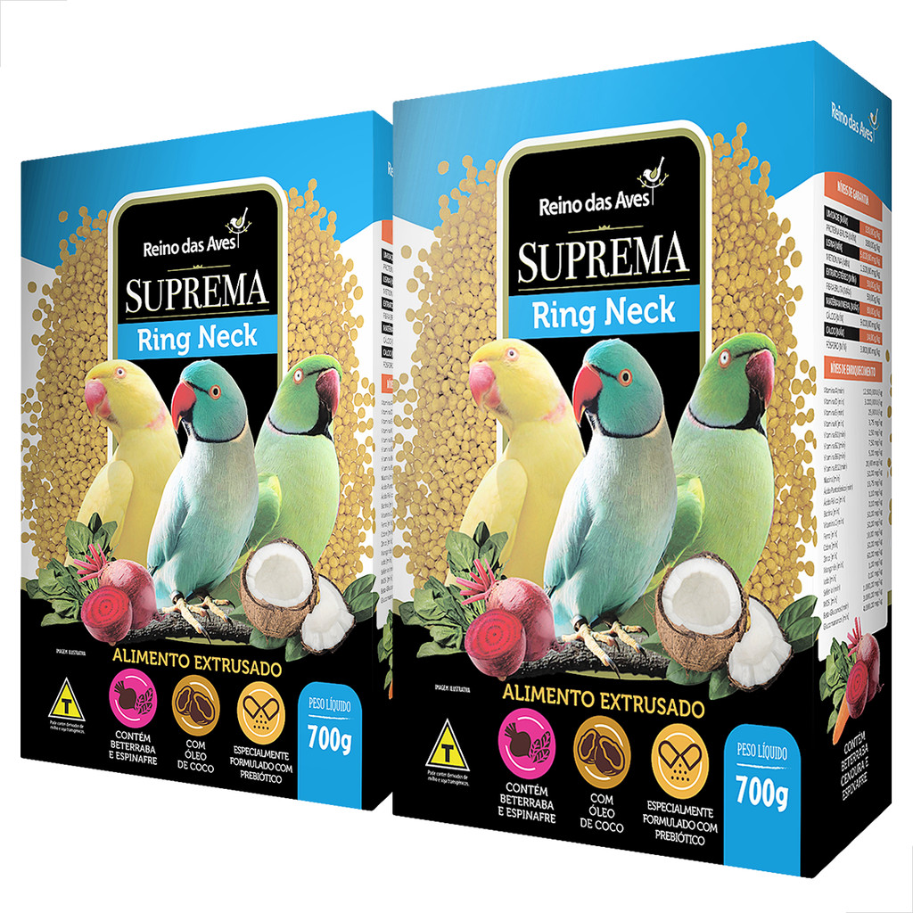 Ração Suprema Extrusada Ring Neck Calopsita Kit 2 Unidades 700g Óleo Coco Cenoura Espinafre Beterraba Ovo