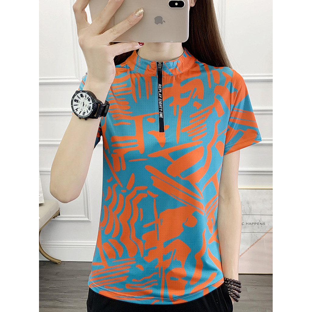 Verão gelo seda de secagem rápida camiseta feminina legal respirável fino gola alta topo esportes ao ar livre lazer corr