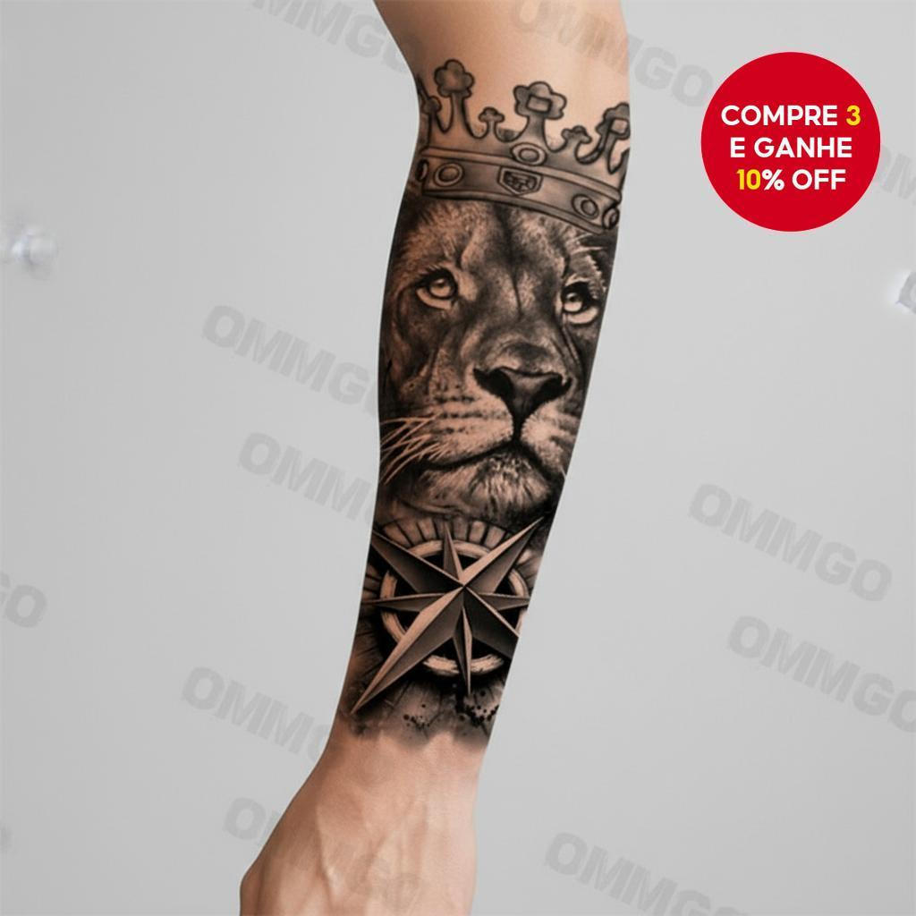 Adesivo de Tatuagem Temporária Realista - Leão, Bússola, Coroa, Arte Corporal à Prova d'Água para Mulheres e Homens