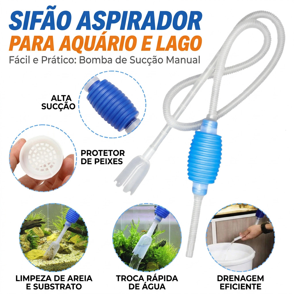 Sifão Aspirador Para Limpeza De Aquário e Lago Com Bomba De Sucção Sifonador AT-323 Aquatank