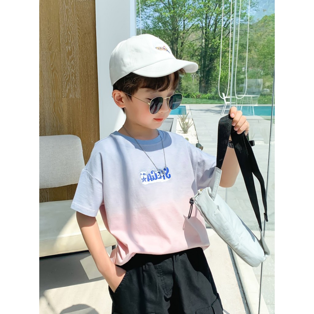 Meninos camiseta de manga curta puro algodão verão 2026 novo estilo médio grande crianças gradiente solto topo rua Wear 