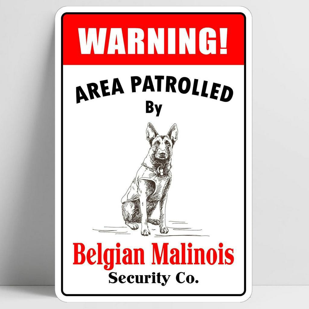 Área De Advertência Patrulhada Por Belga Malinois Retro Vintage Estanho Sinal Bar Pub Casa Cartaz De Metal Arte Da Pared