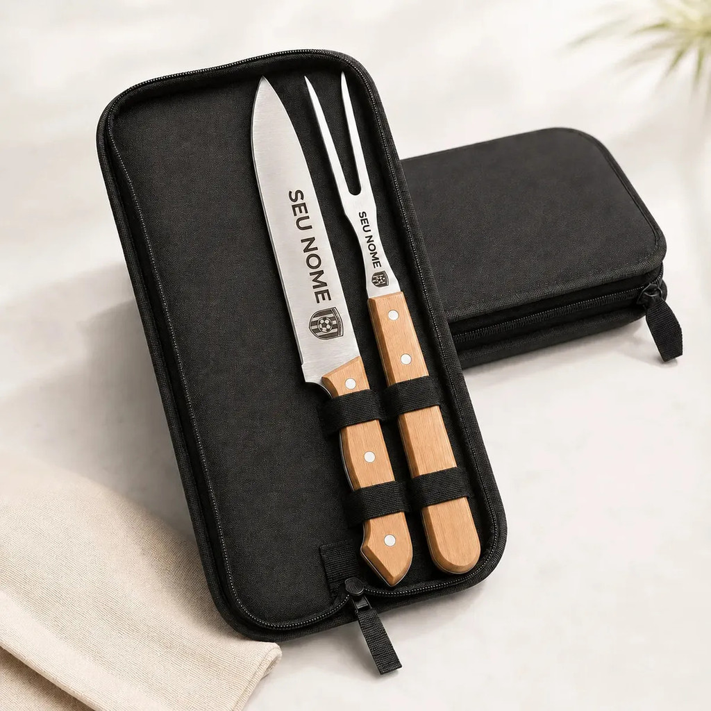 Kit Churrasco Faca Garfo Estojo Personalizado Nome Time Logo
