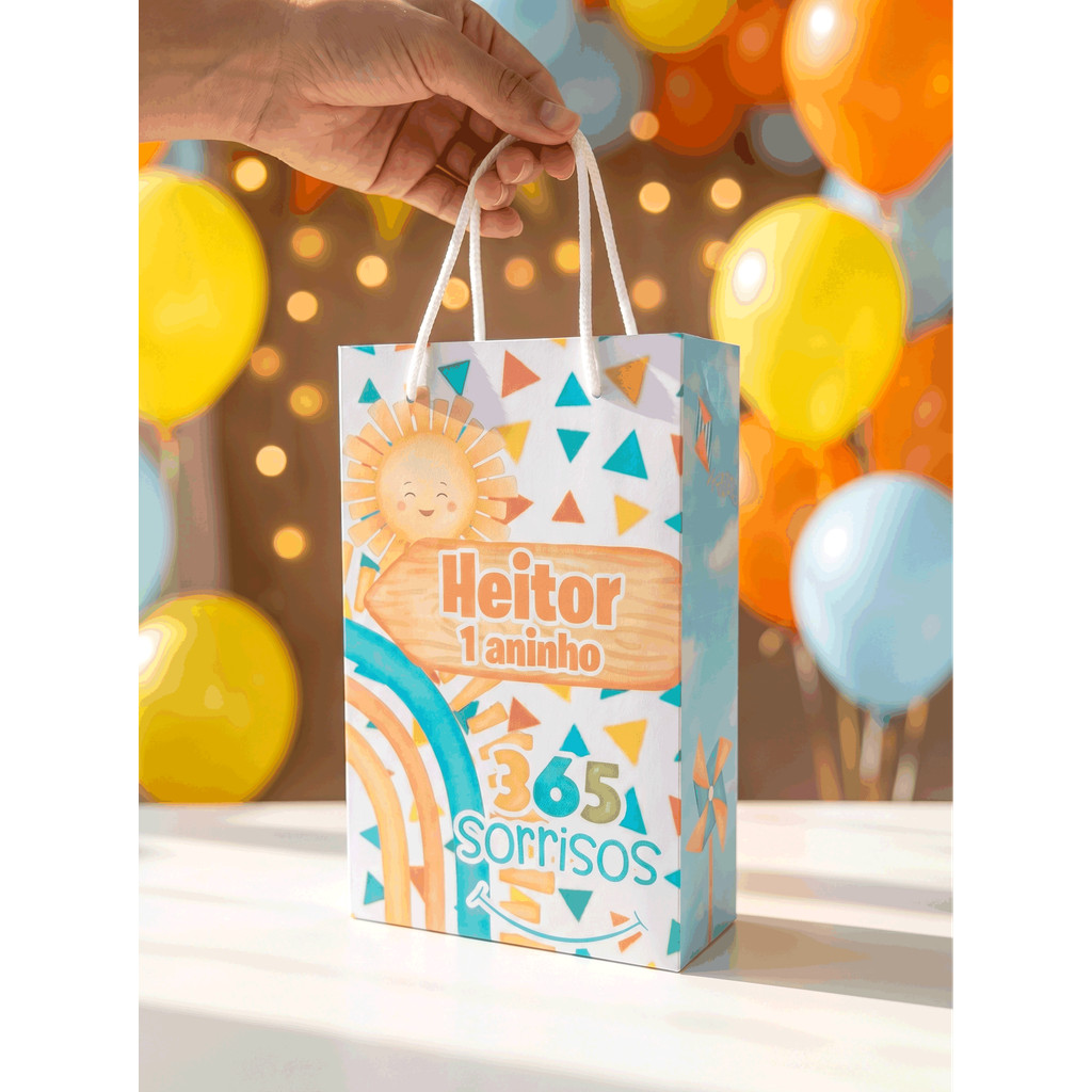 Sacolinha Personalizada com Nome e Idade - Tema 365 Sorrisos - Lembrancinha Aniversário - Pegue e Monte