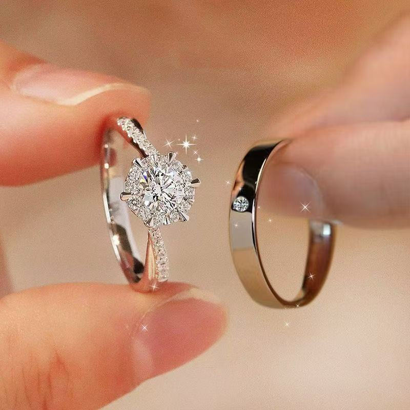 Anéis de casamento para casal, anéis de noivado com moissanite simulada, anéis de diamante falso para mulheres, pedido d