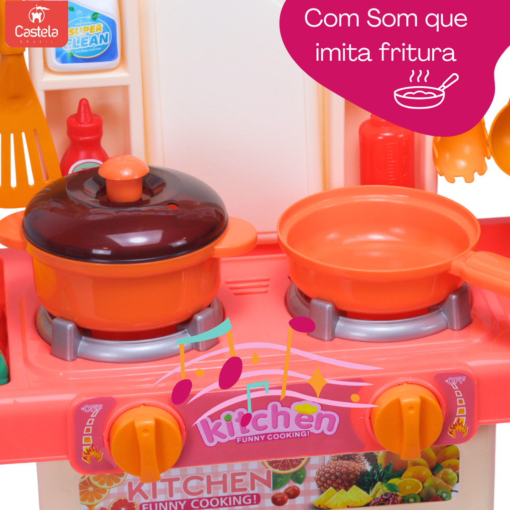 Kit Mini Cozinha Com Fogão Solta Água Tem Luz e Som Rosa Com 16 Acessórios - Castela — imagem 2 de 2