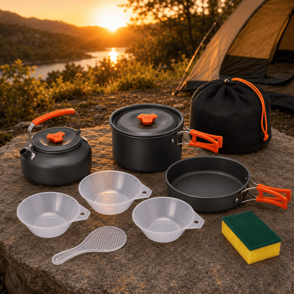 Kit De Panelas Cozinha Portátil Para Acampamento Com Antiaderente