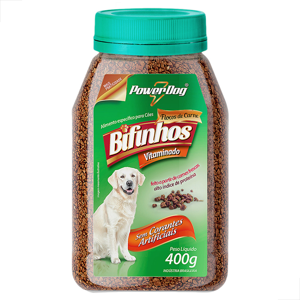Bifinhos PowerDog para Cães Vitamina Flocos Sabor Carne Pote 400g Petisco Recompensa Adestramento