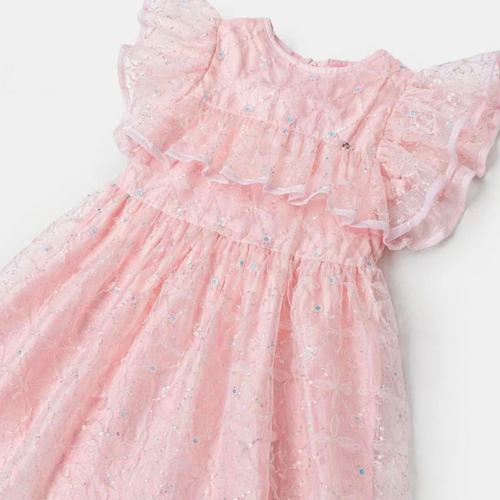 Vestido Infantil Momi Tule Rosa Com Flores De Paetê Festa Luxo