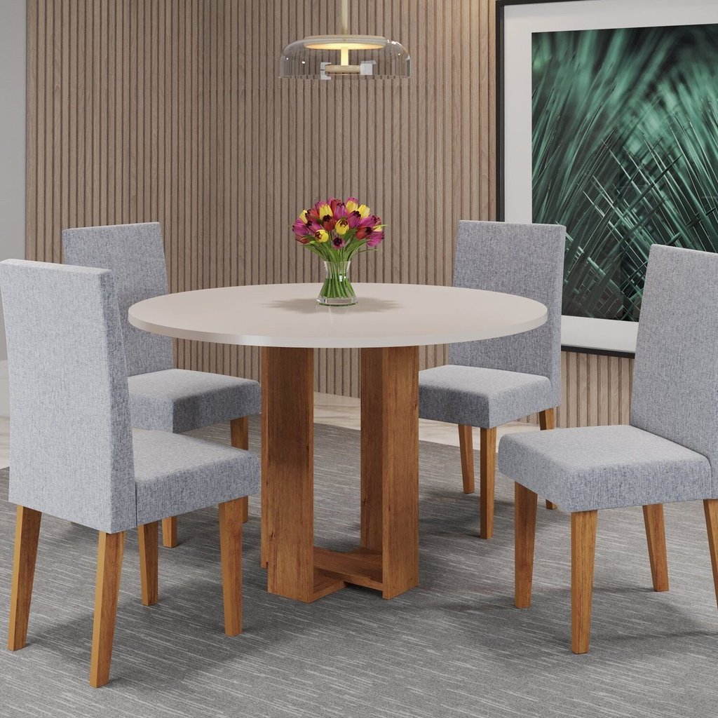Mesa de Jantar Chiara Redonda 90x90cm com 4 Cadeiras Venus Inox/Branco