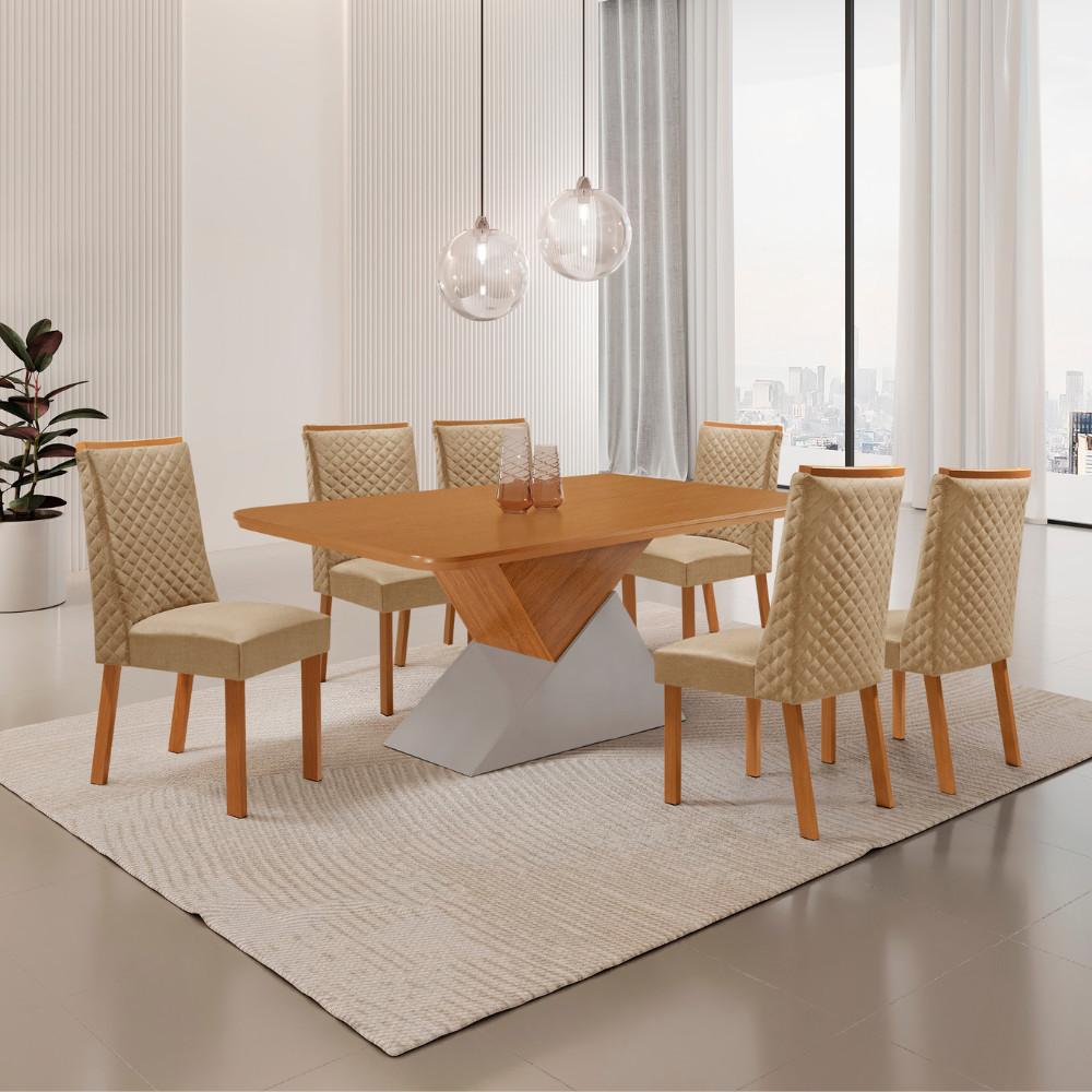 Mesa de Jantar Aster Yasmin 180 cm Tampo MDF Canto copo Laminado com 6 Cadeiras Moderna Mobília