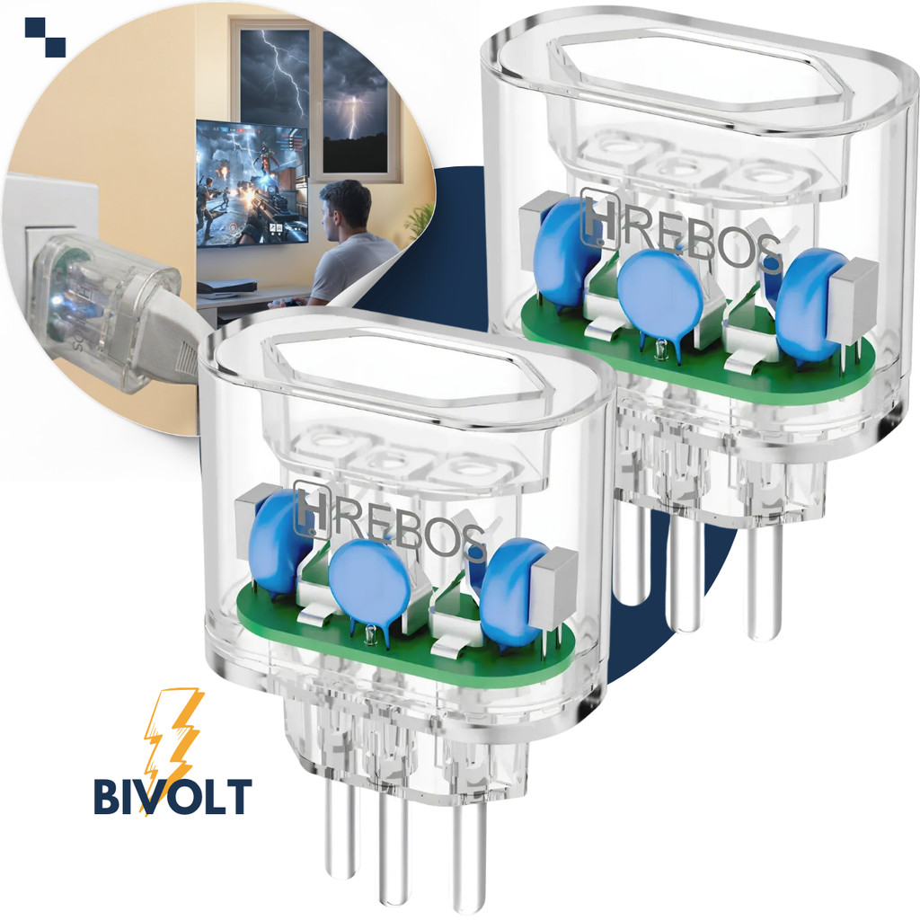 Kit 02 Protetor de Surto Dps Hrebos 3 Pinos 20A Bivolt Transparente Anti Raio Surtos Elétricos