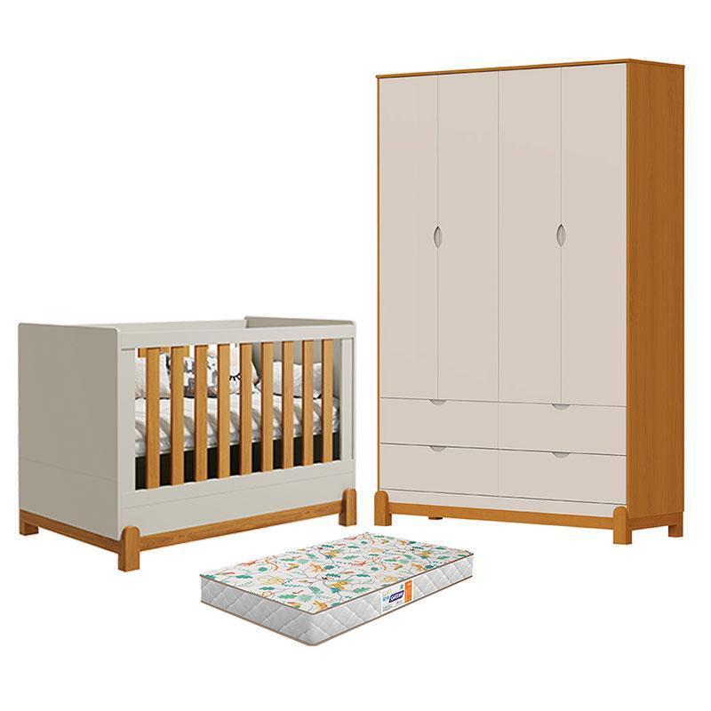 Berço Lótus Liso Areia Savana com Guarda Roupa Infantil Lotus Liso 4 Portas Areia Savana com Colchão Gazin - Reller