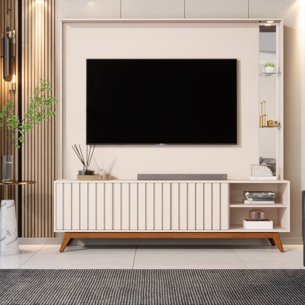 Estante Home Theater para TV até 75 Polegadas Ripado com LED e Espelho 100% MDF e Pés em Madeira Maciça 190,5CMX179CM