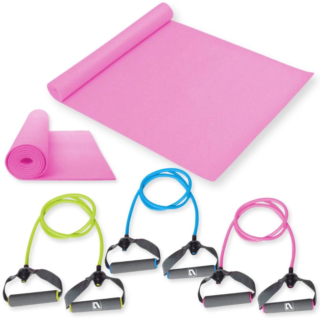 Kit Pilates e Treino Funcional Colchonete Eva Rosa 1,73m + Extensores Elásticos Leve + Médio + Forte