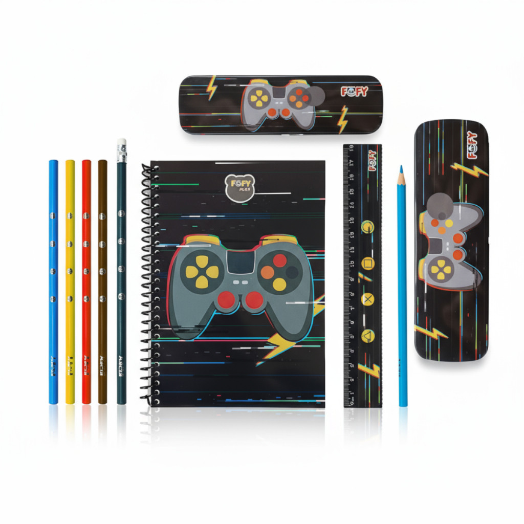 Kit Material Escolar Gamer Fofy Completo Volta às Aulas Caderno 60 Folhas Estojo Lápis Premium