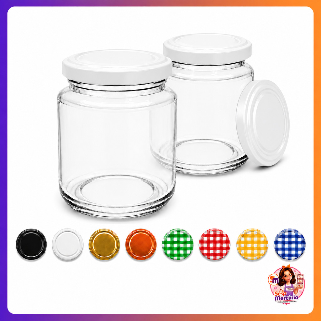 Kit 6 Potes De Vidros Belém 240ml com Tampas Metálicas e Lacres Para Geleias Doces Conservas