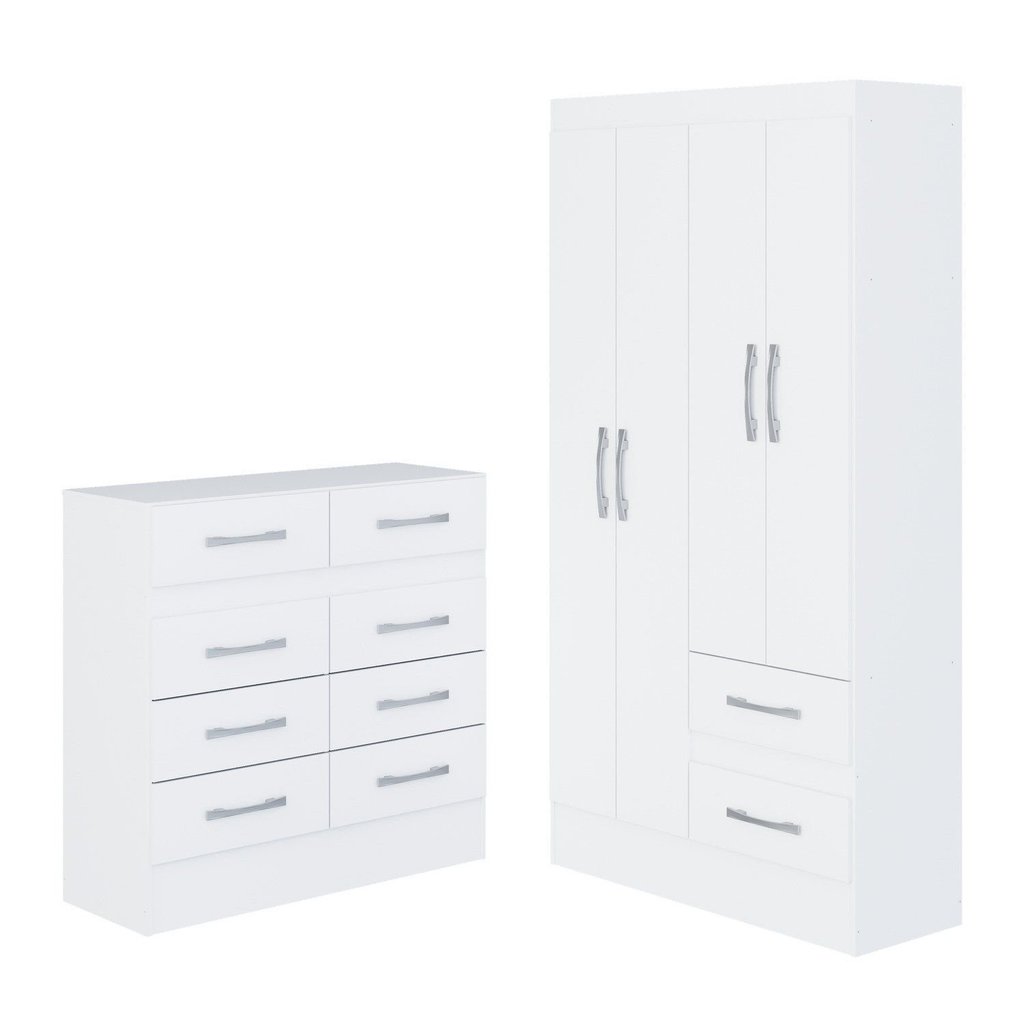 Quarto Infantil com Cômoda 8 Gavetas e Guarda-Roupa 4 Portas e 2 Gavetas Ninho Branco Branco