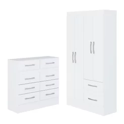 Quarto Infantil com Cômoda 8 Gavetas e Guarda-Roupa 4 Portas e 2 Gavetas Ninho Branco Branco