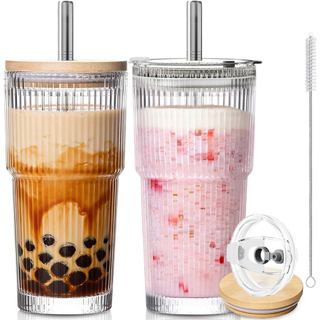 Copos de Vidro Canelados KEMORELA de 20oz com Canudos Reutilizáveis de Aço Inoxidável, Tampas Duplas de Bambu e à Prova 