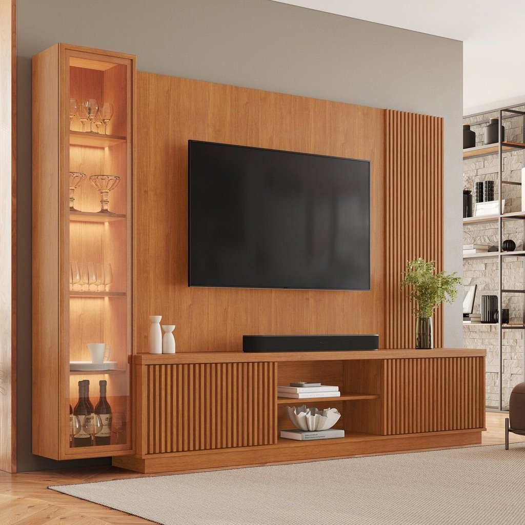 Rack com Painel com Cristaleira para TV até 75 Polegadas Ripado 100% MDF 190.5CMX220CM Valencia Naturalle Naturalle