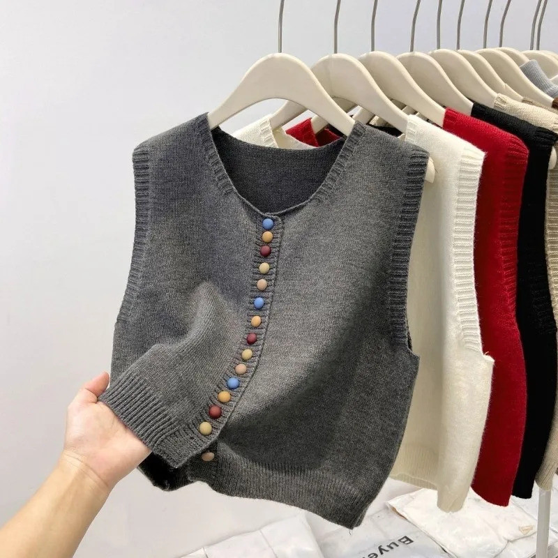 Colete de Tricô Feminino de Outono, Arco-íris, com Botões, Macio, Solto, Decote em V, Cardigã de Tricô, Colete Feminino