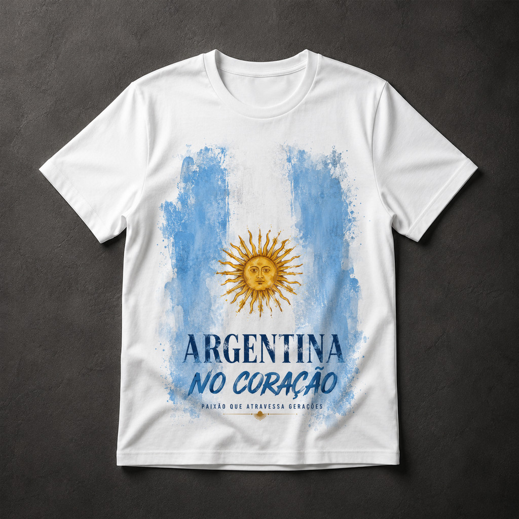 Camiseta Argentina no Coração Bandeira Sol de Maio Torcedor Futebol Masculina