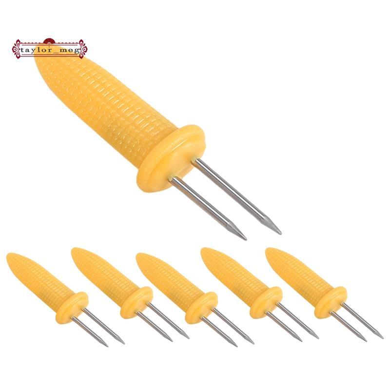 [Venda Quente T] 6 Peças De Rack De Milho Na Espiga Espetos De Garfo De Aço Inoxidável Com Alça De Silicone