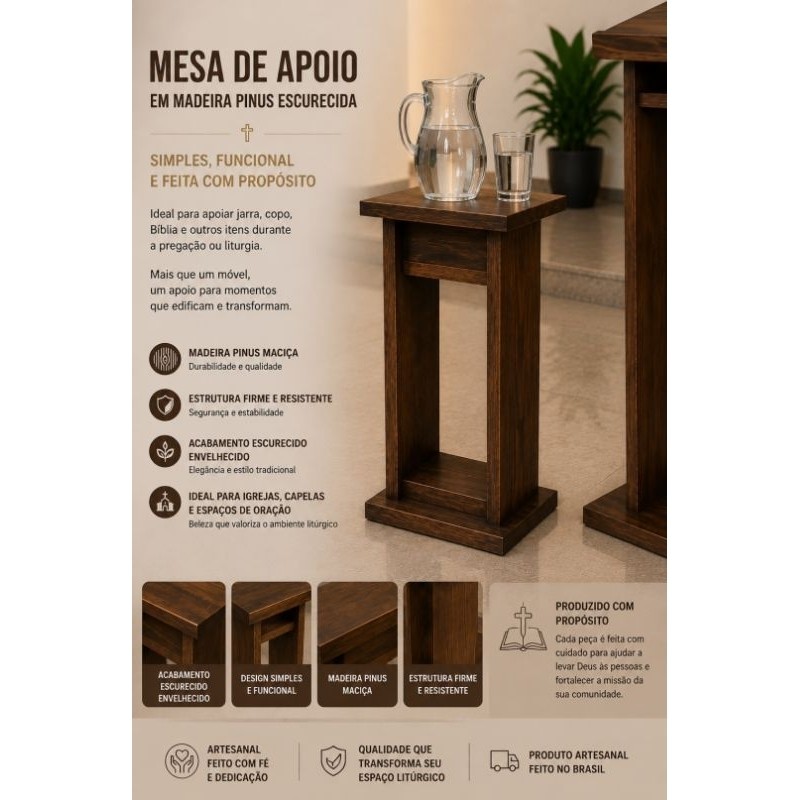Mesa de Apoio para Púlpito / Ambão em Madeira Pinus – Acabamento Escurecido – Ideal para Igrejas e Capelas