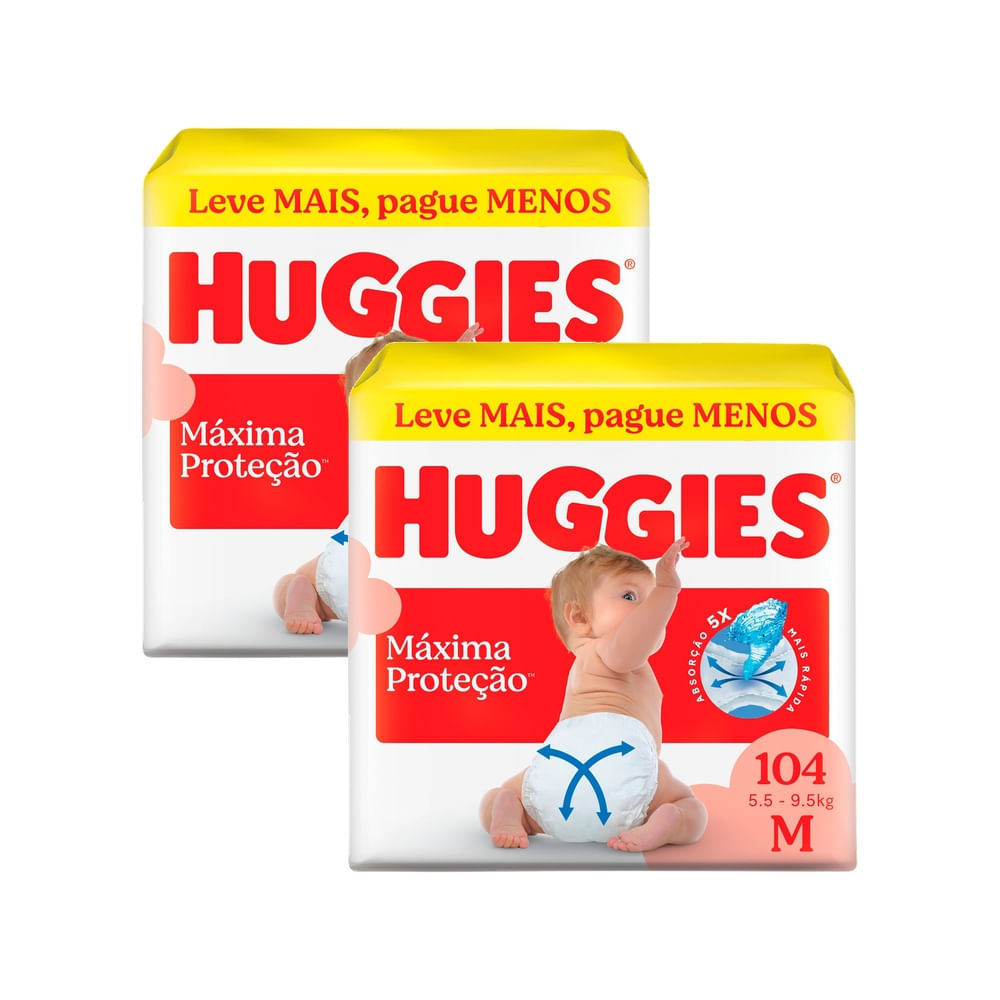 Kit 2 Fralda Huggies Máxima Proteção Tamanho M 104 Unidades Descartáveis Leve Mais Por Menos