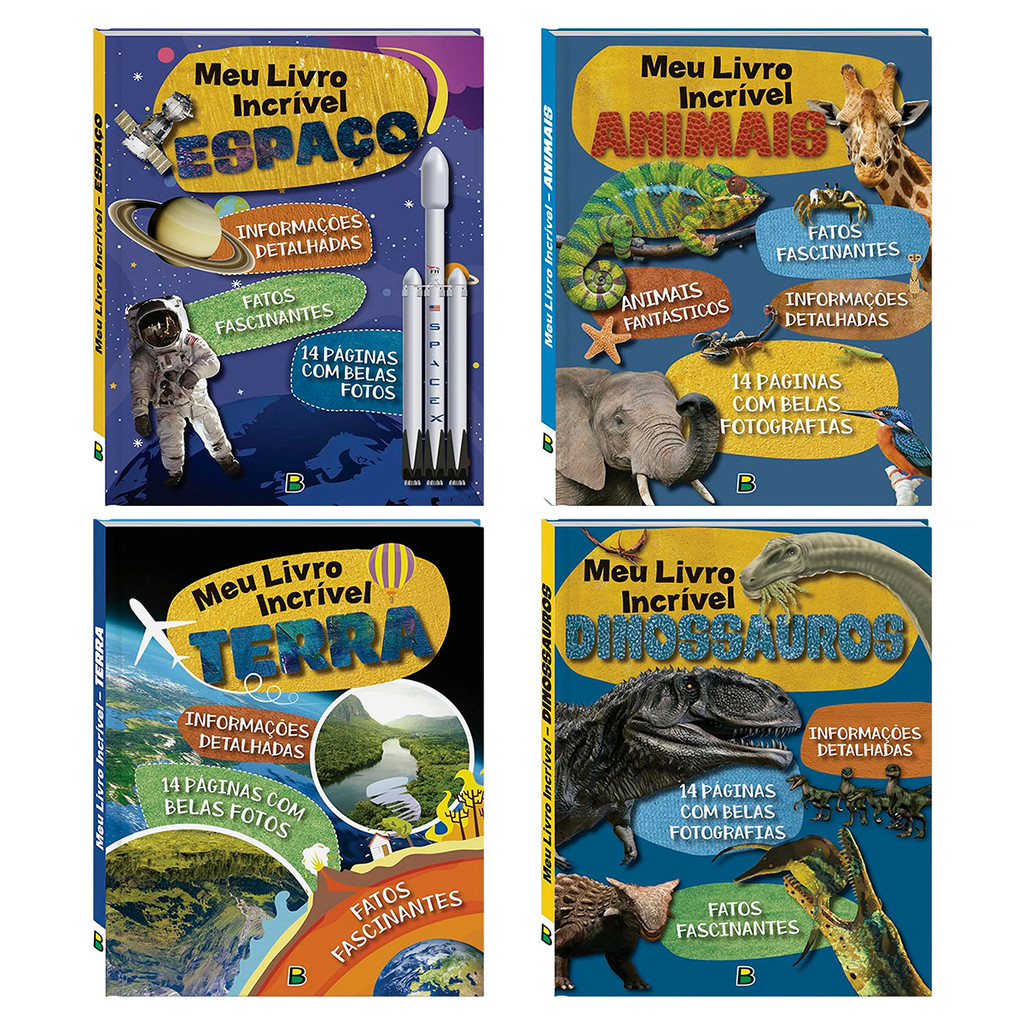 Coleção Meu Livro Incrível 4 Livros Educativos Infantil Espaço Animais Terra e Dinossauros Geografia Biologia
