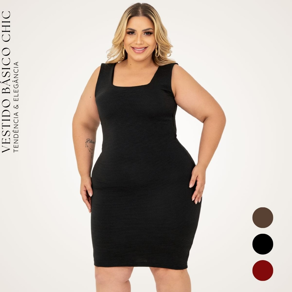 Vestido de Festa Midi Plus Size Feminino Modelador Regata com Alça Larga Decote Quadrado GG ao G3 Tecido Anarruga em Oferta na Shopee