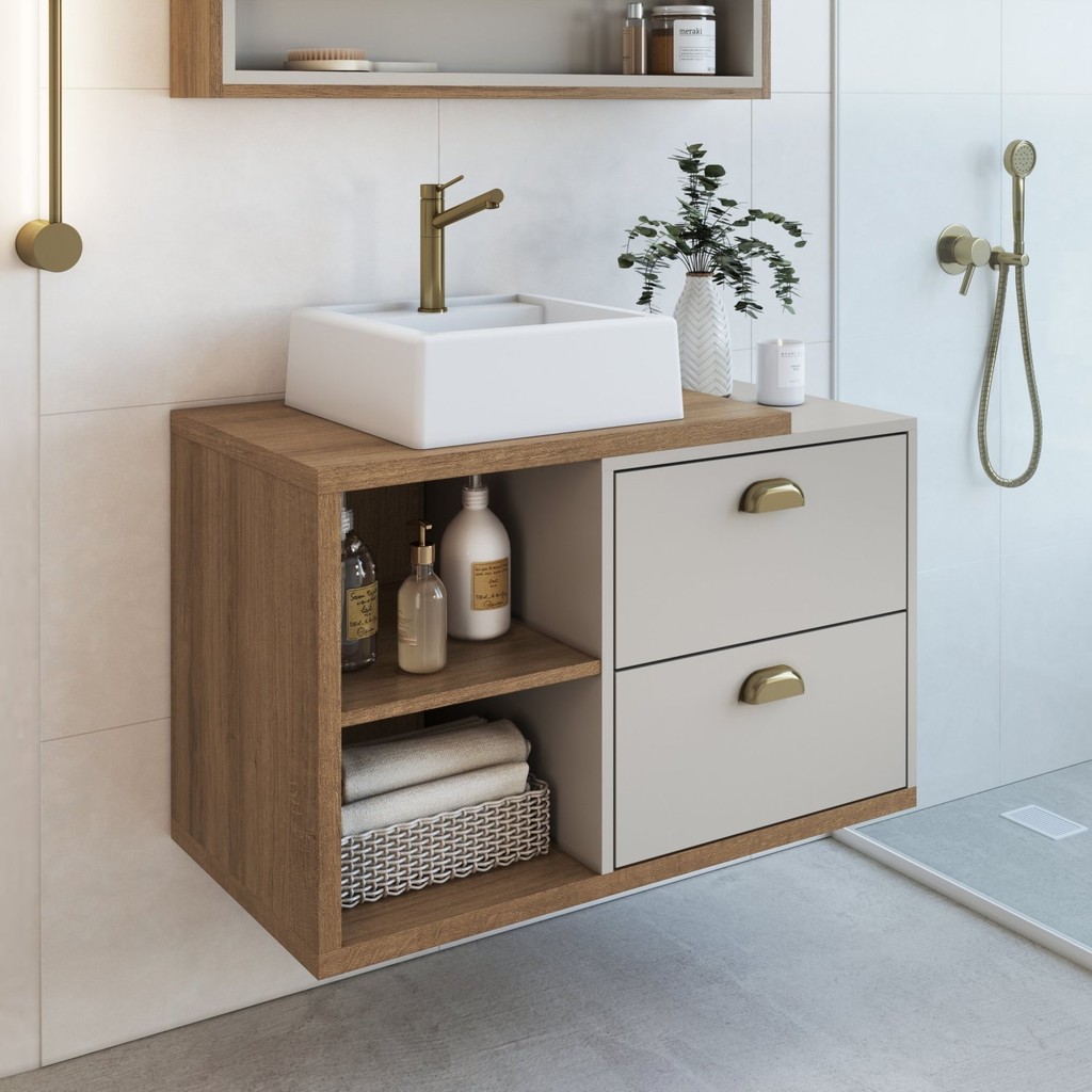 Gabinete de Banheiro Suspenso 80cm Helena com 2 Gavetas e Cuba Branco em Oferta na Shopee