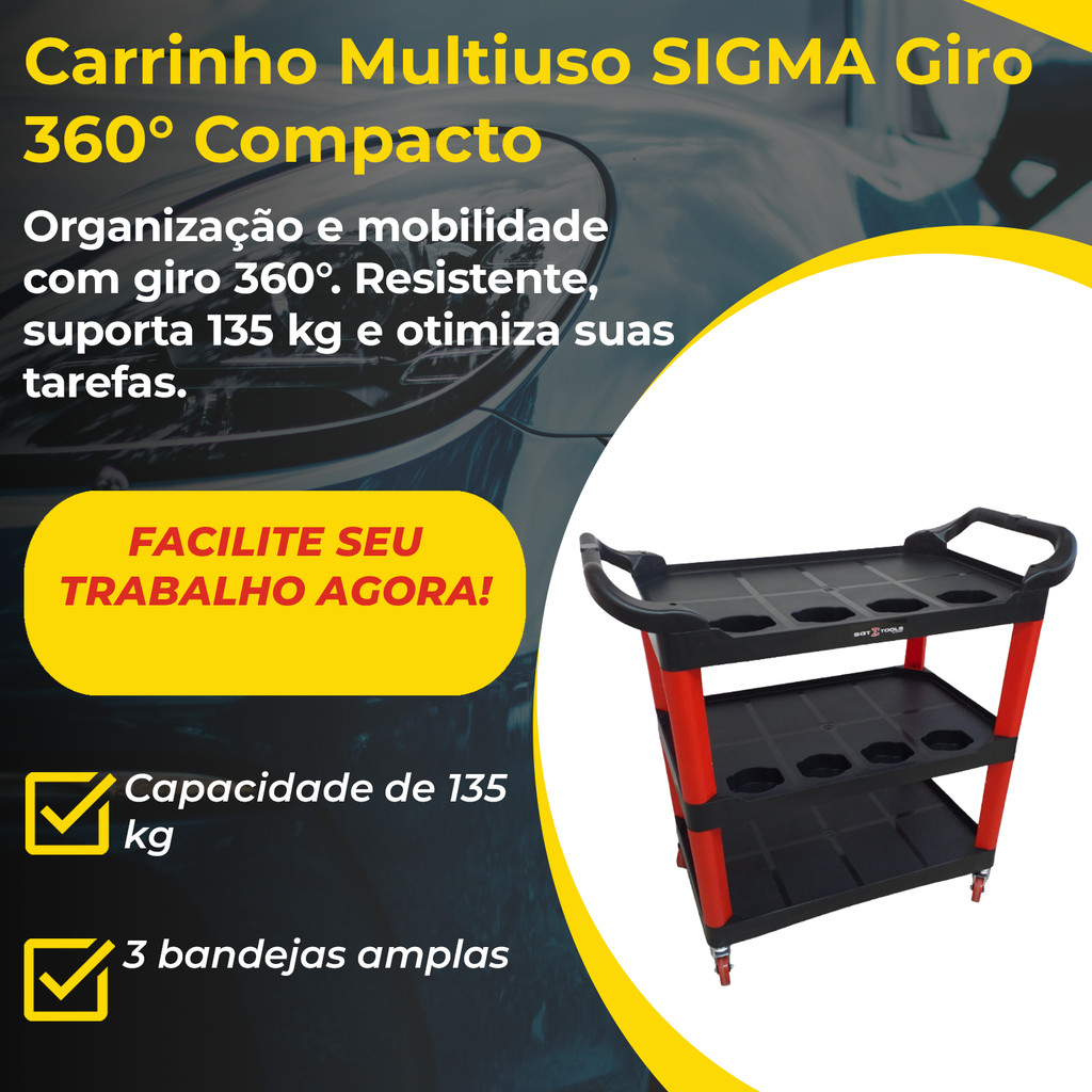 Carrinho Sigma Multiuso 3 Bandejas Giro 360° Rodízios Organização Ferramentas 135kg Oficina Garagem