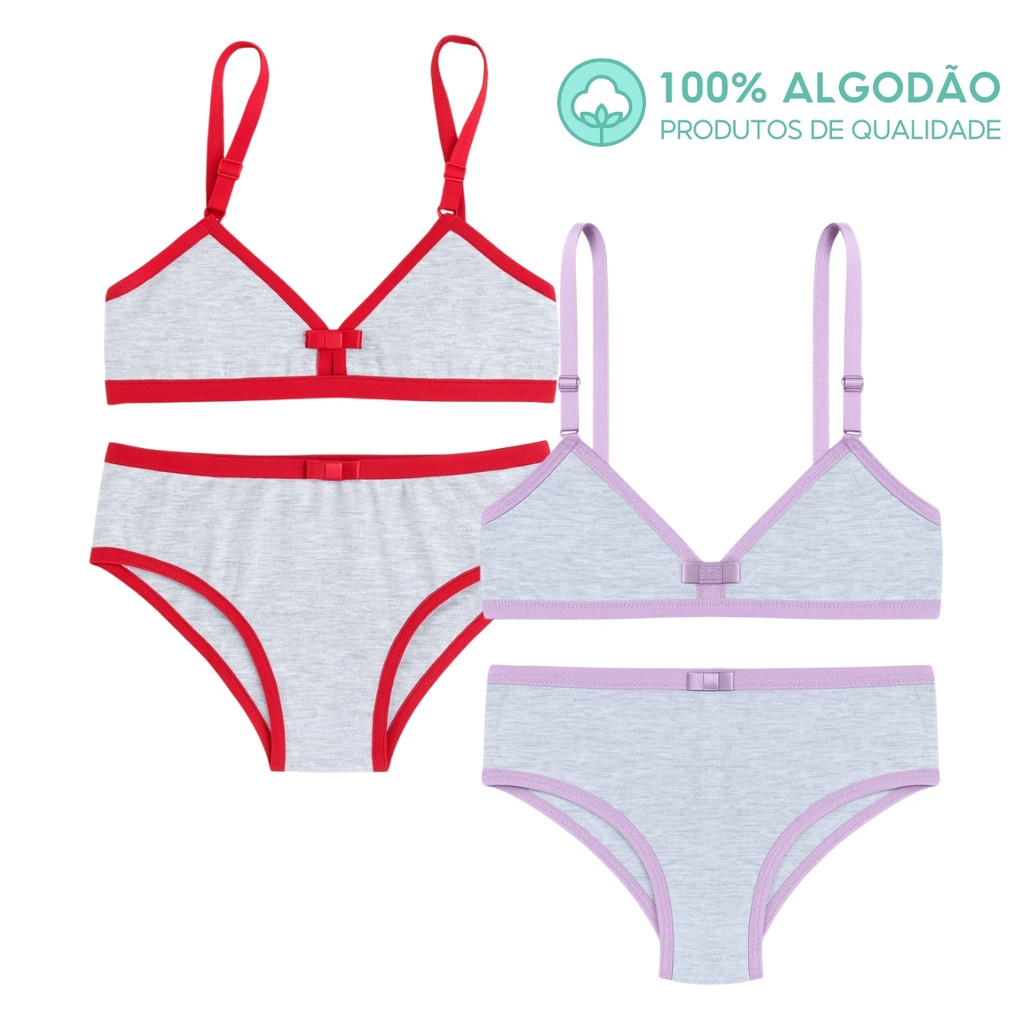 Kit 2 Conjunto Juvenil Infantil Algodão 4 a 15 Anos Menina Moça Confortável Sutiã e Calcinha