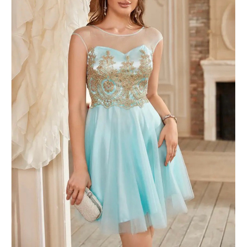 Vestido Curto Rodado Romântico Tule Brilho Festa Debutante 15 anos Formatura Princesa Azul Verde