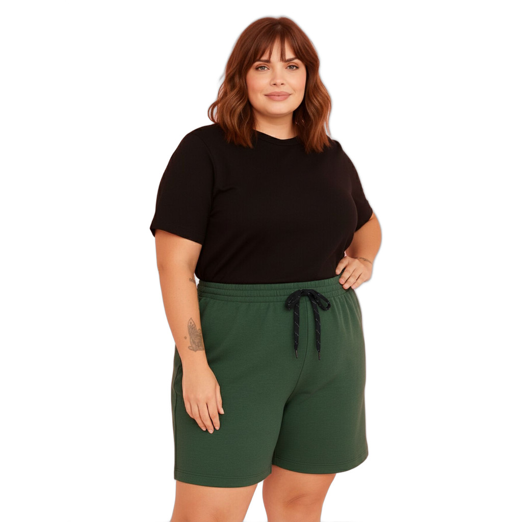 Bermuda de Moletom Plus Size Feminino Verde Shorts de Moletom Plus Size Bermuda de Mulher Tamanho Grande